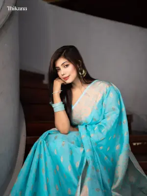 Ruprekha-Tencel Blend Jamdani Saree With Blouse Pices-Aqua