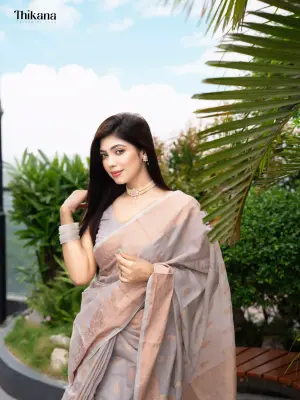 Ruprekha-Tencel Blend Jamdani Saree With Blouse Pices-Ash Rose