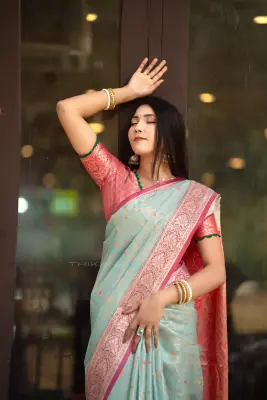 Charulata-Mint Aqua Saree – Elegant Half Silk Festive Saree