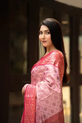Mrinalini- Rose Pink Saree – Elegant Half Silk Festive Saree