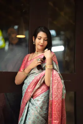 Mrinalini-  Aqua Mist Saree – Elegant Half Silk Festive Saree