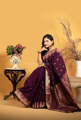 Mohona Pure Cotton Jamdani – Wine Purple (With Blouse Piece)