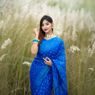 Half Silk-Jamdani Saree - Blue