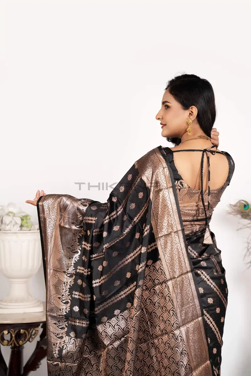 Aparajita - Pure Katan Banarasi Saree With Blouse Piece - Black & Antique Gold