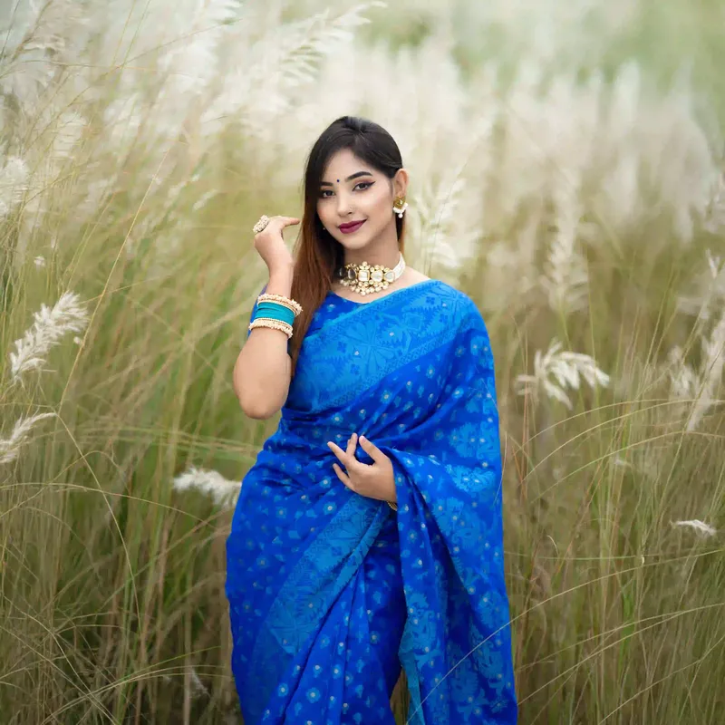 Half Silk - Jamdani Saree - Blue