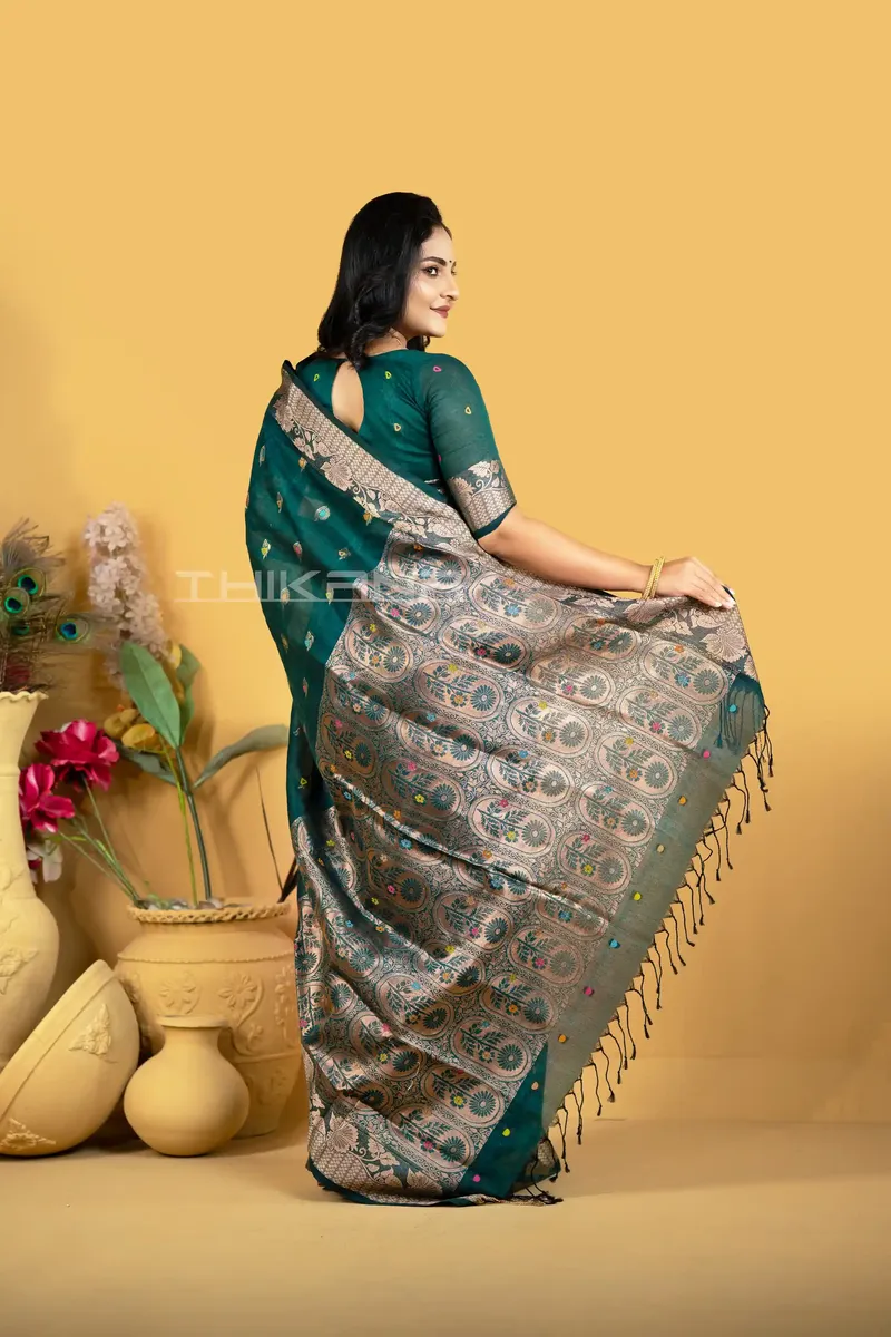 Mohona - Pure Cotton Jamdani With Blouse Piece - Bottle Green