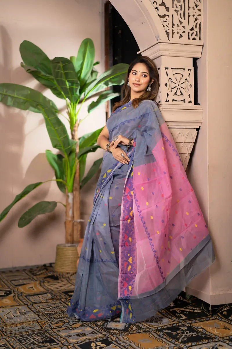 Indrani - Handloom Mercerized Cotton Saree With Blouse Piece - Steel Blue