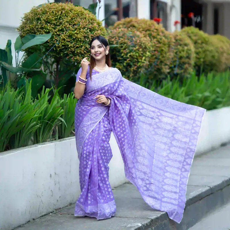 Half Silk - Jamdani Saree - Lavender