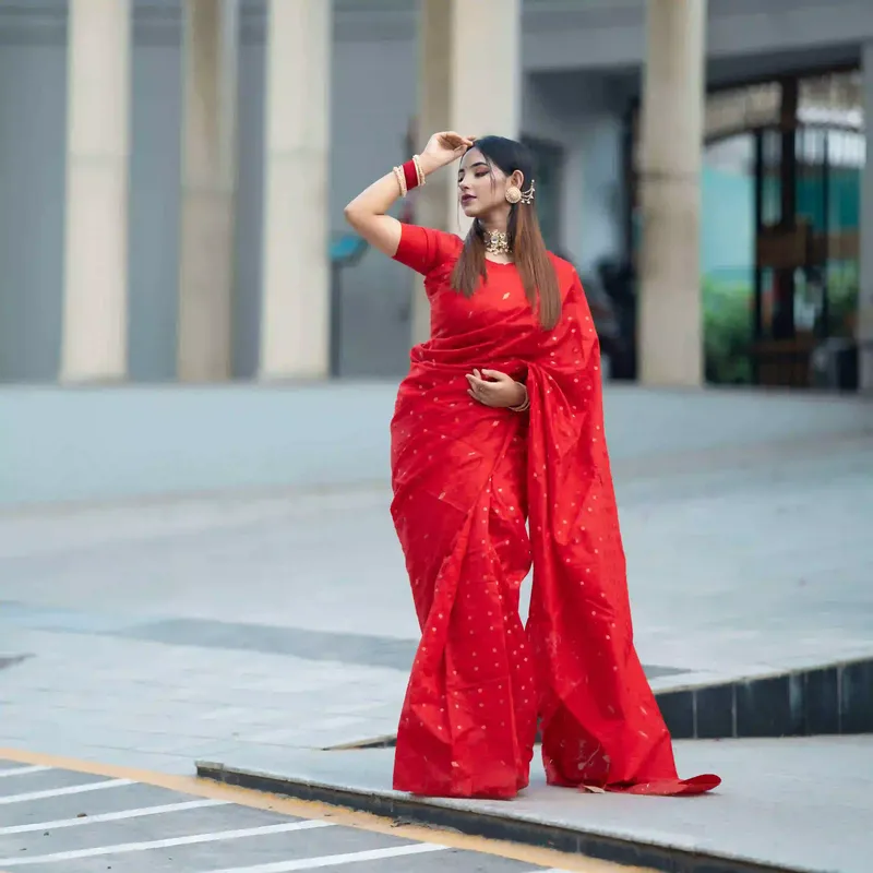 Half Silk - Jamdani Saree - Red