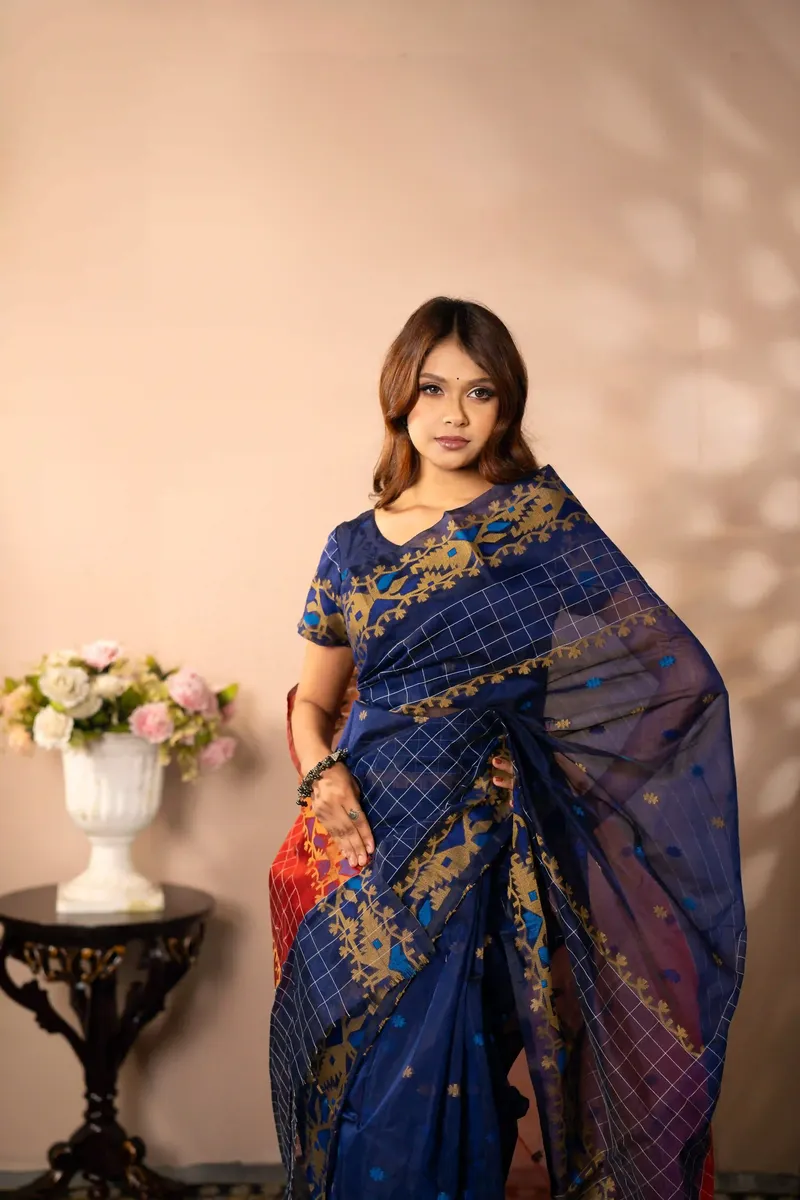 Indrani - Handloom Mercerized Cotton Saree With Blouse Piece - Royal Blue