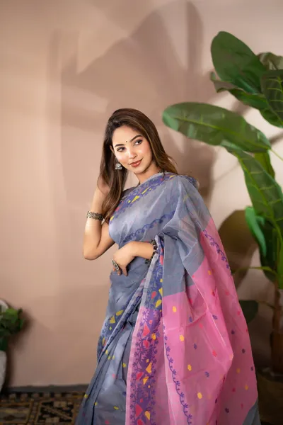 Indrani - Handloom Mercerized Cotton Saree With Blouse Piece - Steel Blue