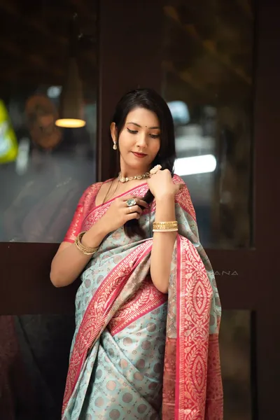 Mrinalini - Elegant Half Silk Festive Saree - Aqua Mist