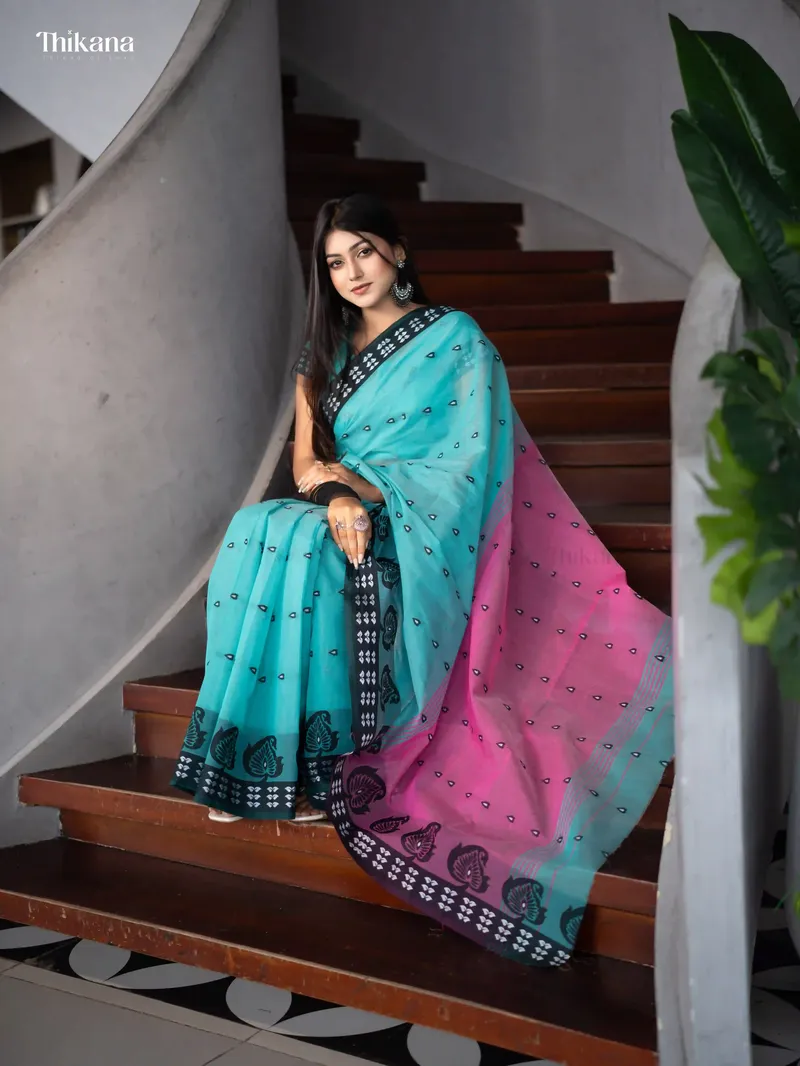 Suchitra - Pure Semi Handloom Cotton Saree with Blouse Piece - Seafoam