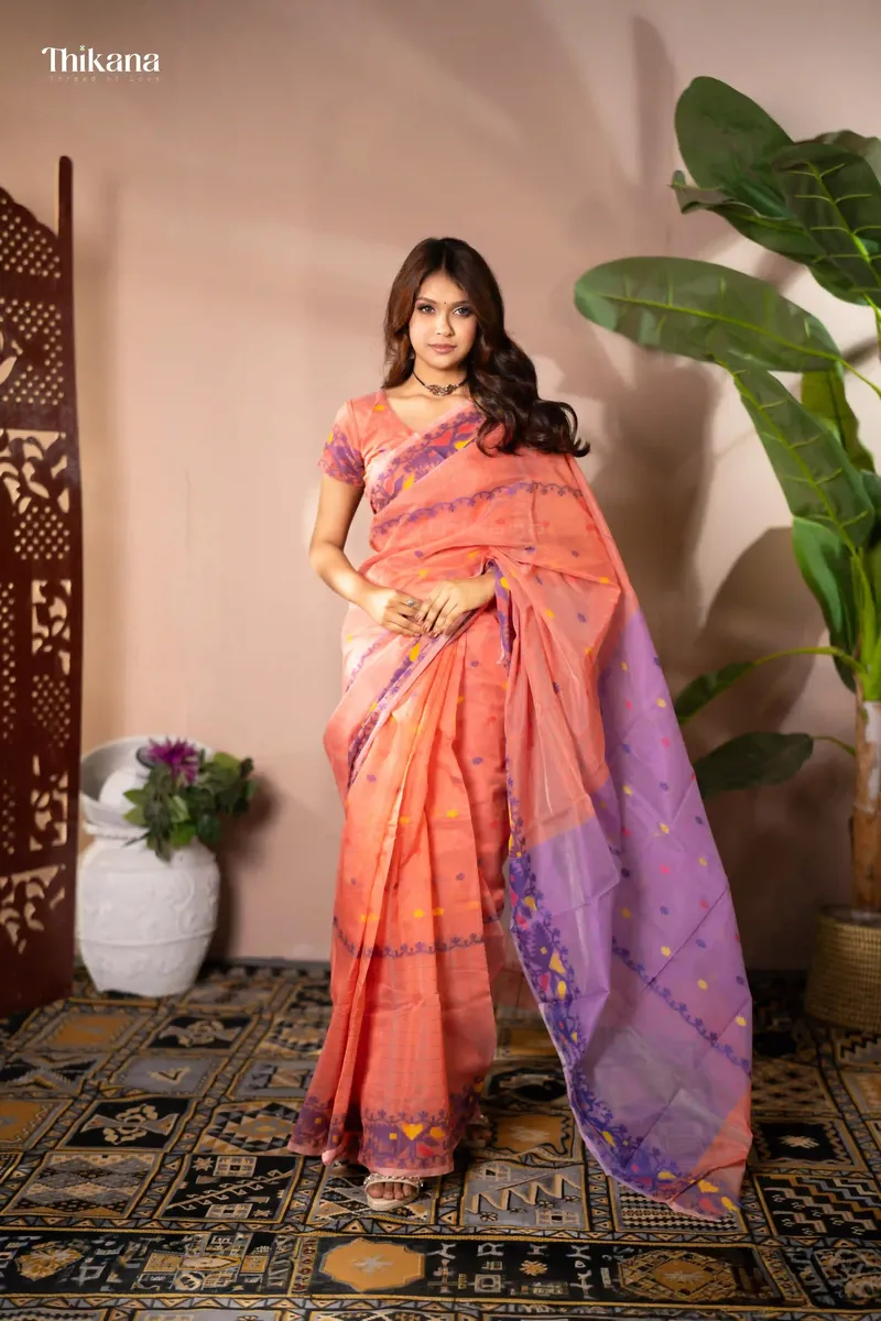 Indrani - Handloom Mercerized Cotton Saree With Blouse Piece- Terracotta