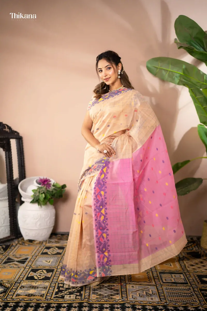 Indrani - Handloom Mercerized Cotton Saree With Blouse Piece - Warm Nude