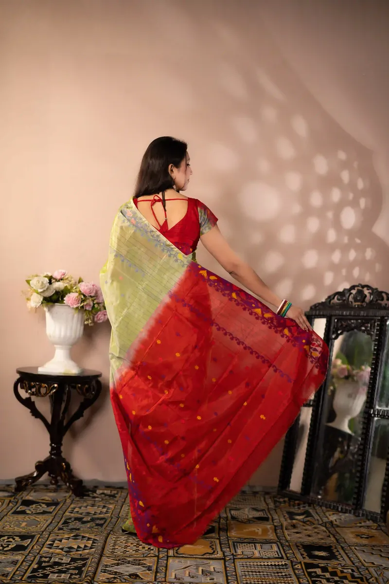 Urvashi -Ultra Soft Pure Handloom Cotton Saree With Blouse Piece- Olive Green - Soft Silk Saree with Blouse Piece - Olive Green