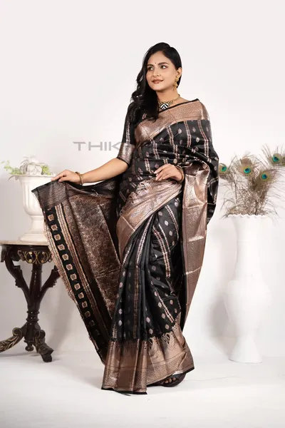 Aparajita - Pure Katan Banarasi Saree With Blouse Piece - Black & Antique Gold