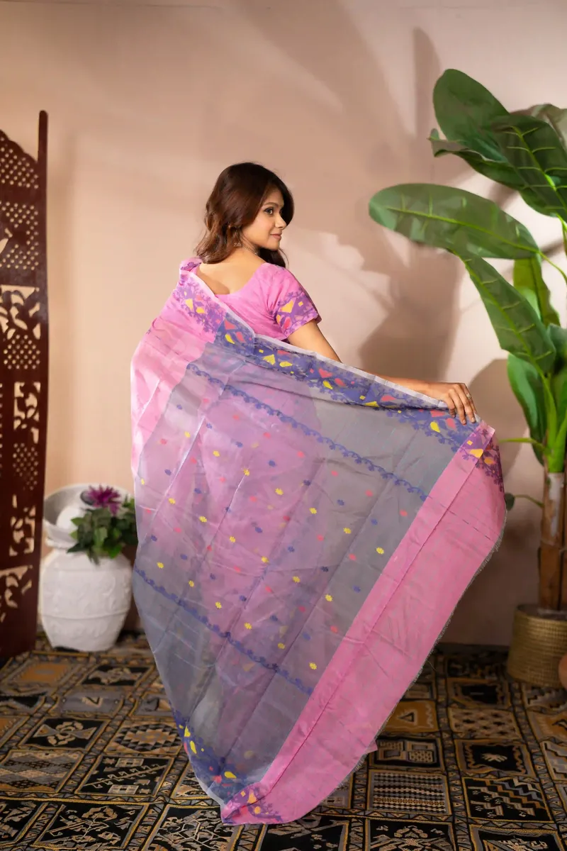 Indrani - Handloom Mercerized Cotton Saree With Blouse Piece - Candy Pink