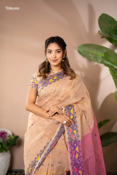 Indrani - Handloom Mercerized Cotton Saree With Blouse Piece - Warm Nude